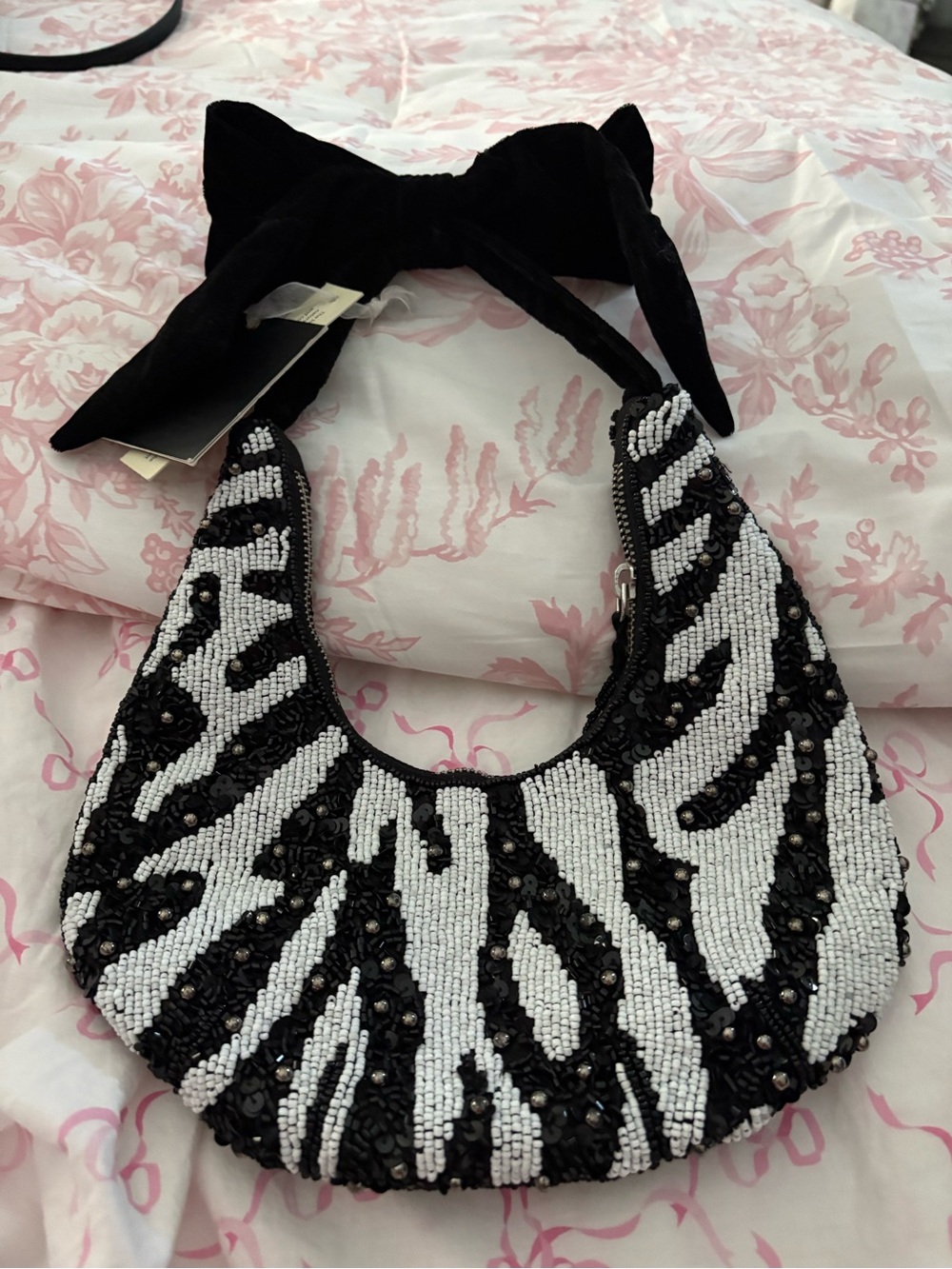 Black & White Beaded Zebra-Pattern Shoulder Bag with Velvet Bow